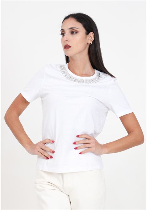 T-shirt donna bianca con cascata di pietre e strass ONLY | 15315522Bright White